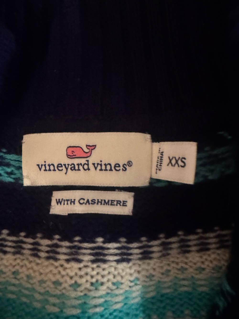 Vineyard Vines Navy Fair Isle Zip-Neck Sweater with Turquoise & White Yoke - Picture 3 of 4